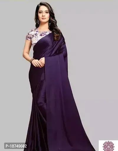 Stylish Satin Navy Blue Solid Saree With Blouse Piece For Women-thumb0