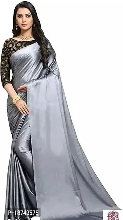 Stylish Satin Grey Solid Saree With Blouse Piece For Women-thumb0