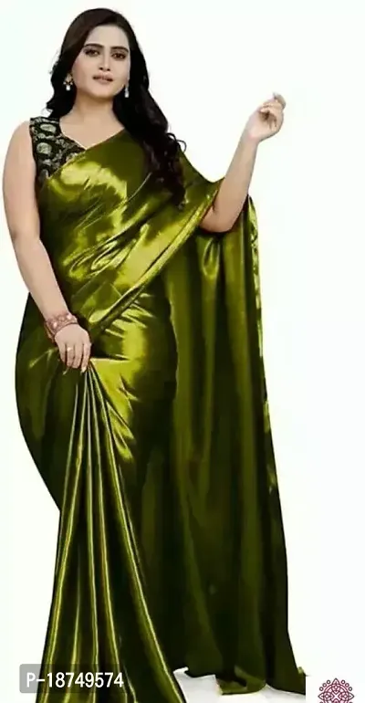 Stylish Satin Green Solid Saree With Blouse Piece For Women-thumb0