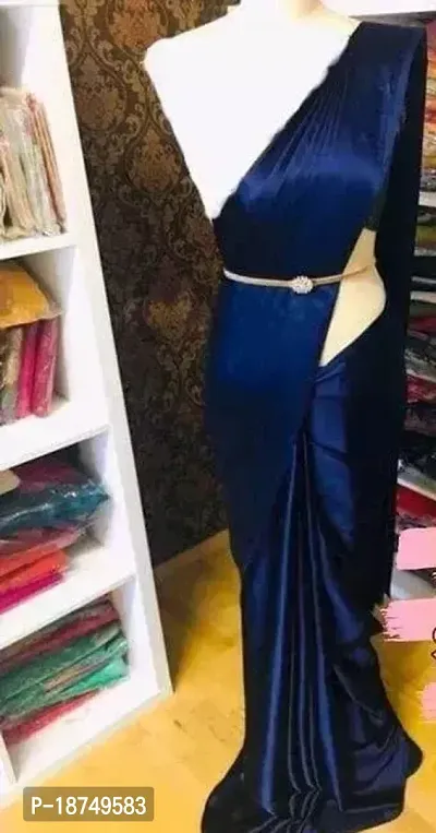 Stylish Satin Navy Blue Solid Saree With Blouse Piece For Women