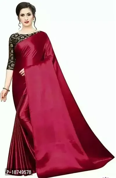 Stylish Satin Maroon Solid Saree With Blouse Piece For Women-thumb0