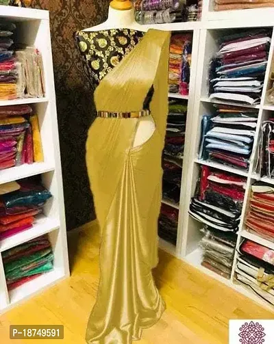 Stylish Satin Golden Solid Saree With Blouse Piece For Women-thumb0