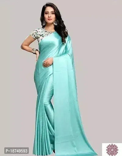 Stylish Satin Blue Solid Saree With Blouse Piece For Women-thumb0