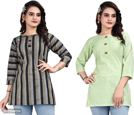 Elegant Cotton Linen Striped Short Kurta For Women- Pack Of 2-thumb0