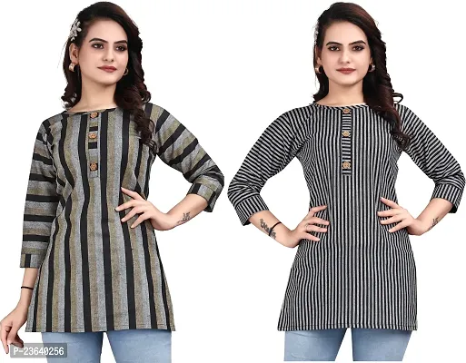 Elegant Cotton Linen Striped Short Kurta For Women- Pack Of 2-thumb0