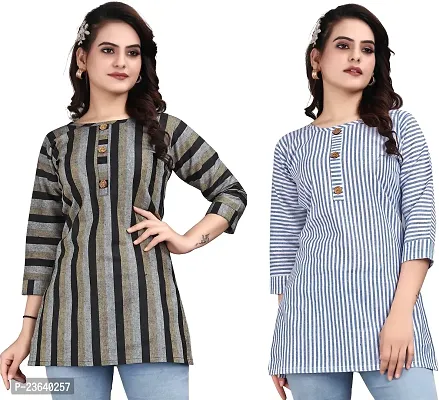 Elegant Cotton Linen Striped Short Kurta For Women- Pack Of 2