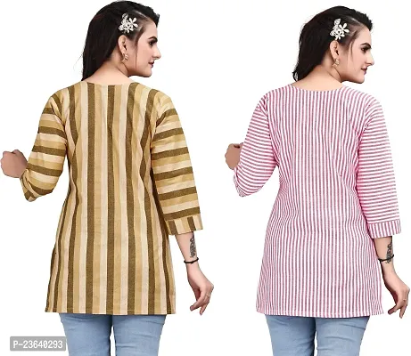 Elegant Cotton Linen Striped Short Kurta For Women- Pack Of 2-thumb2