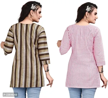 Elegant Cotton Linen Striped Short Kurta For Women- Pack Of 2-thumb2