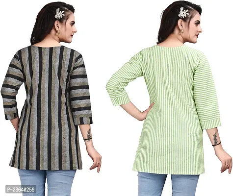 Elegant Cotton Linen Striped Short Kurta For Women- Pack Of 2-thumb2