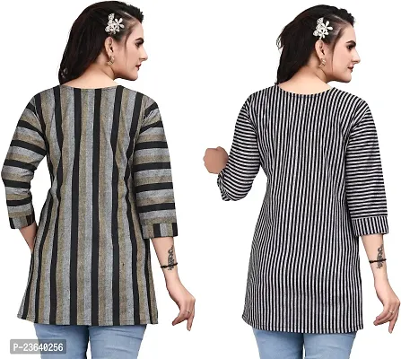 Elegant Cotton Linen Striped Short Kurta For Women- Pack Of 2-thumb2