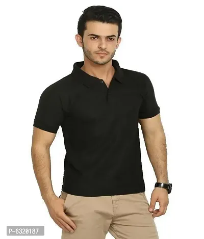 Elegant Black Cotton Solid Polos For Men-thumb0