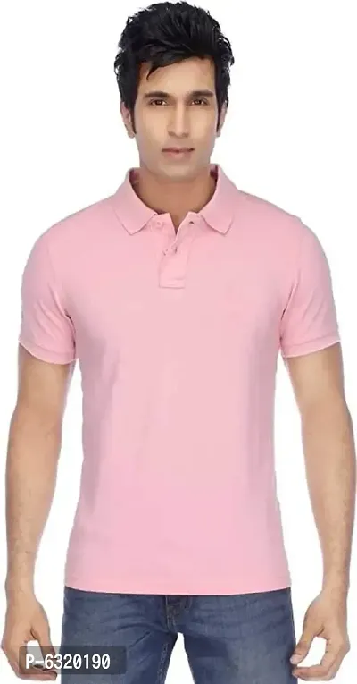 Elegant Pink Cotton Solid Polos For Men