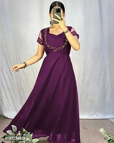 Stylish Purple Georgette Ethnic Gown With Koti For Women-thumb0