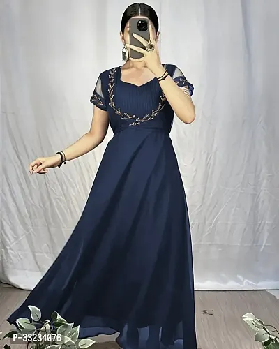 Stylish Navy Blue Georgette Ethnic Gown With Koti For Women