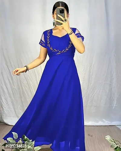 Stylish Blue Georgette Ethnic Gown With Koti For Women