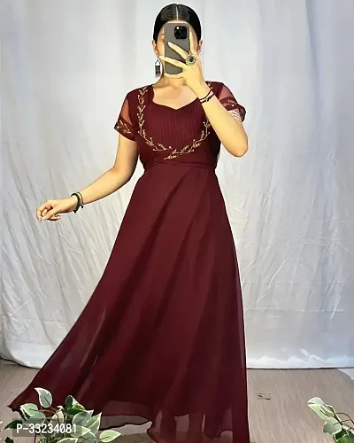 Stylish Maroon Georgette Ethnic Gown With Koti For Women