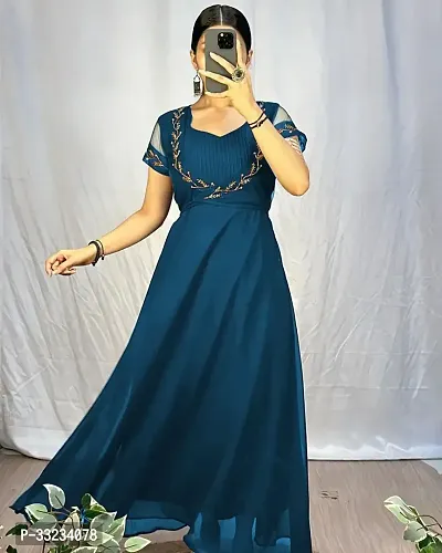 Stylish Teal Georgette Ethnic Gown With Koti For Women