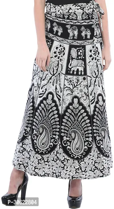 Black and White Wrap-Around Long Skirt from Pilkhuwa with Printed Paisleys and Animals