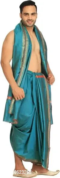 Vivid Blue Dhoti and Angavastram set with Golden Woven Paisley on Border-thumb3