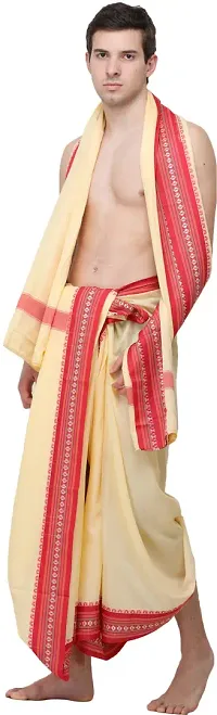 Double Cream Dhoti and Veshti Set with Temple Border-thumb2