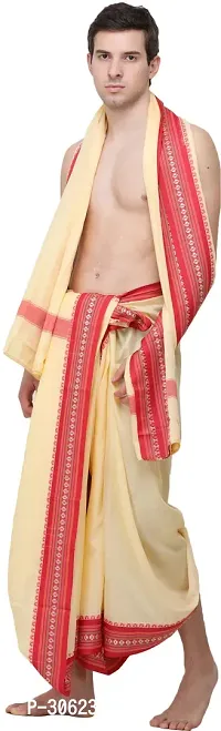 Double Cream Dhoti and Veshti Set with Temple Border-thumb3