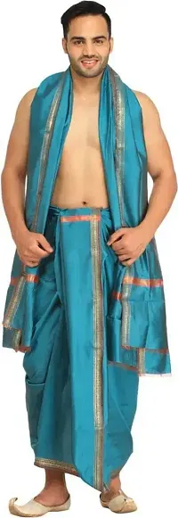 Vivid Dhoti and Angavastram set with Woven Paisley on Border