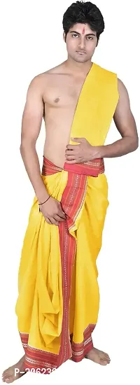 Blazing Yellow Dhoti and Veshti Set with Temple Border