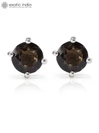 Exotic India Smokey Round Shape Sterling Silver Stud Earrings with Faceted Gemstone-thumb2