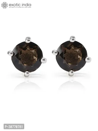 Exotic India Smokey Round Shape Sterling Silver Stud Earrings with Faceted Gemstone-thumb3