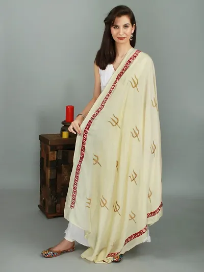 Exotic India Prayer Stole with Zari Embroidered Trishul and Thread Border