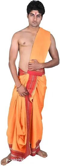 Mock Orange Dhoti and Veshti Set with Temple Border-thumb0