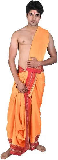 Unique Stylish Brick Red Dhoti and Angavastram set with Golden Woven Paisley on Border For Men