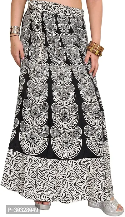 Caviar Black Wrap-around Long Skirt with Block-Print in Pastel Colors-thumb0