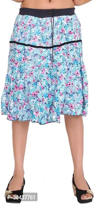 Plume-Blue Floral Printed Short Skirt with Black Elastic Waist