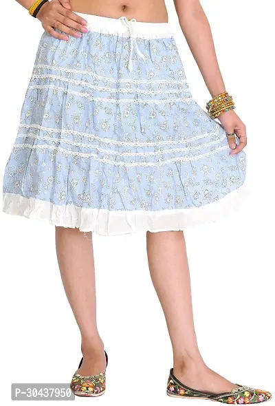 Powder-Blue And White Short Skirt With Printed Flowers And Lace