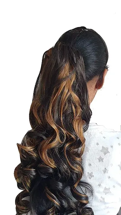 Synthetic Curly Clutcher Ponytail Hair Extensions For Women And Girls Black Golden Highlights