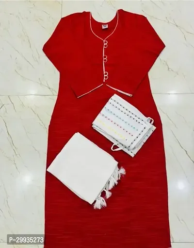 Stylish Red Khadi Cotton Kurta With Pant And Dupatta Set For Women-thumb0