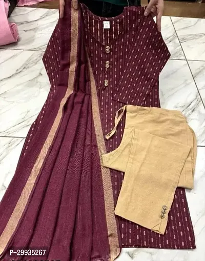 Stylish Maroon Khadi Cotton Kurta With Pant And Dupatta Set For Women