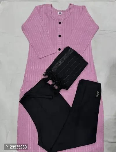 Stylish Pink Khadi Cotton Kurta With Pant And Dupatta Set For Women-thumb0