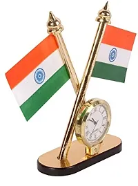 Atipriya Cross Indian National Flag with Desk Clock for Car Dashboard, Study Table, Office Table Comes with Brass Stand-thumb2