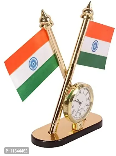 Atipriya Cross Indian National Flag with Desk Clock for Car Dashboard, Study Table, Office Table Comes with Brass Stand-thumb3