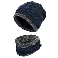 Atipriya Snow Proof Inside Fur Wool Unisex Beanie Cap with Neck Warmer Set Knit Hat Thick Fleece Lined Winter Hat for Men, pack of 1 blue-thumb1