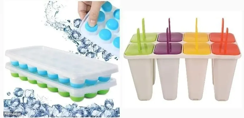 Atipriya 1pc 21 Cavity Pop Up Ice Cube Trays with Lid & Set of 6 Plastic Reusable Ice Pop Makers, Pack of 2