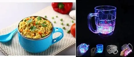 Atipriya Combo of 1 Maggi & Soup Bowl with Spoon, Airtight Leakproof Lid, Handle, Spoon Holder & 1 Plastic Rainbow Magic Color Cup with LED Light, Multicolour