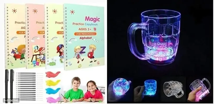 Atipriya Combo of 4 Magic Books, Handwriting English Reusable Magical Practice Copy Books & 1 Led Lighting Glass Mug/Cup Birthday Gift Mug (Multicolor)
