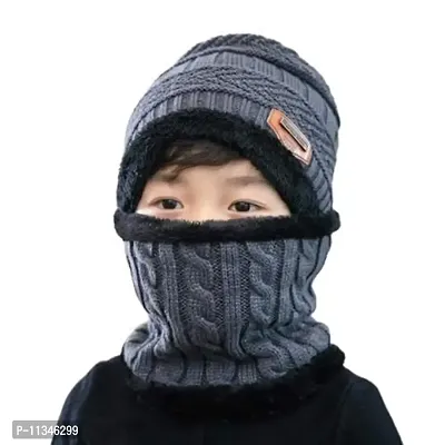 Atipriya Kids Grey Color Winter Soft Warm Snow Proof Cap (Inside Fur) Woolen Beanie Cap with Scarf for Boy's  Girl's (Free Size)