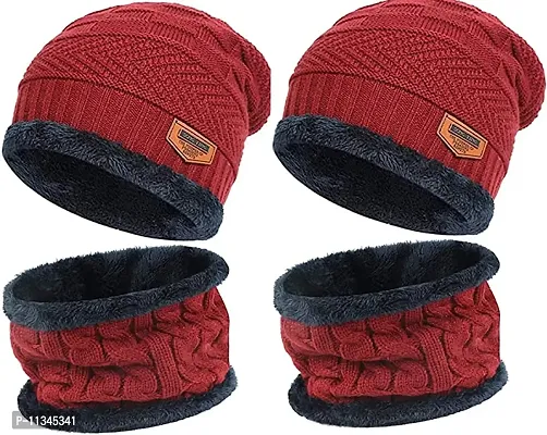 Atipriya 2 Pairs Men's  Women's Snow Proof,Inside Fur, Warm Woolen Cap with Neck Muffler/Neck Warmer/Scarf for Winters - Free Size (pack of 2 red cap with neck muffler)