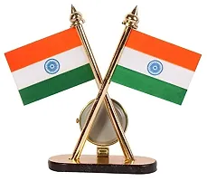 Atipriya Cross Indian National Flag with Desk Clock for Car Dashboard, Study Table, Office Table Comes with Brass Stand-thumb1