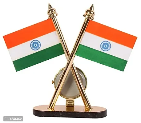 Atipriya Cross Indian National Flag with Desk Clock for Car Dashboard, Study Table, Office Table Comes with Brass Stand-thumb2