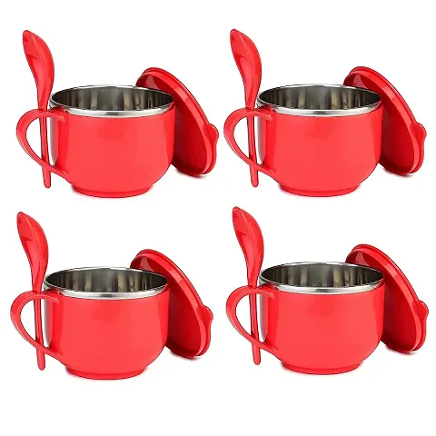Atipriya Set of 4 Maggi  Soup Bowl with Spoon, Airtight Leakproof Lid, Handle,Spoon Holder, Stainless Steel Soup-tok Container, Bowl and Spoon Set, Food Container Pack of 4